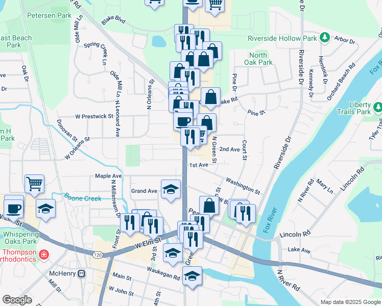 map of restaurants, bars, coffee shops, grocery stores, and more near 1700 North Richmond Road in McHenry