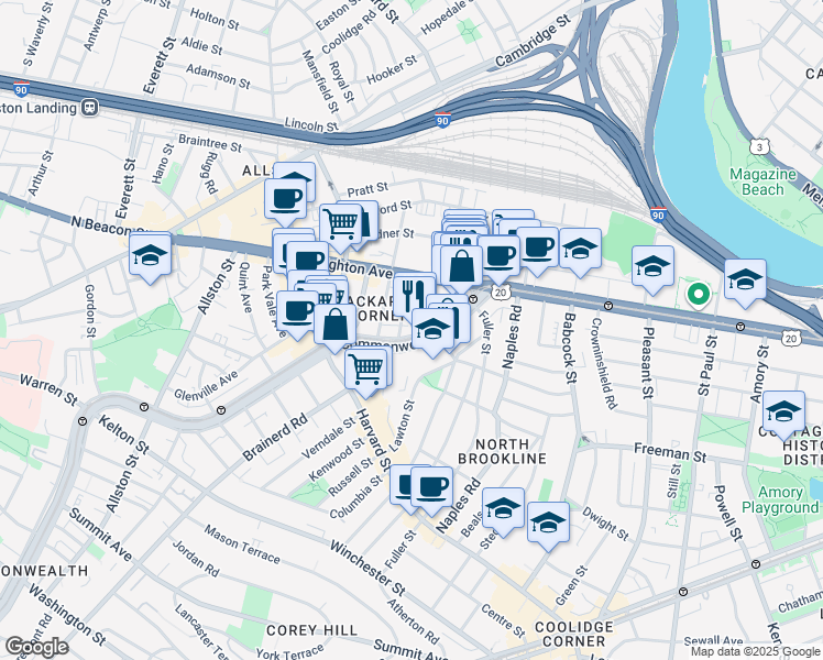 map of restaurants, bars, coffee shops, grocery stores, and more near 1131 Commonwealth Avenue in Boston
