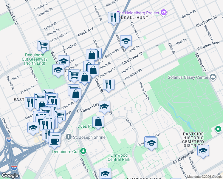 map of restaurants, bars, coffee shops, grocery stores, and more near 2662 Hendricks St in Detroit