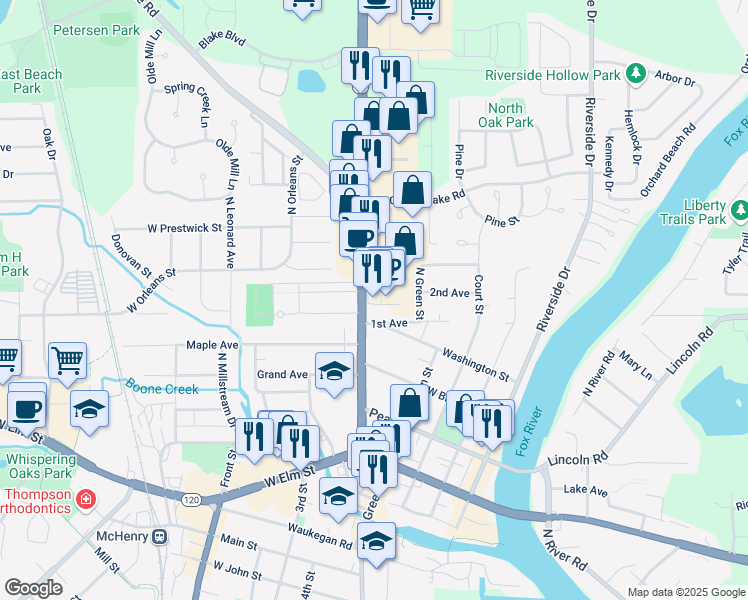 map of restaurants, bars, coffee shops, grocery stores, and more near 1700 North Richmond Road in McHenry
