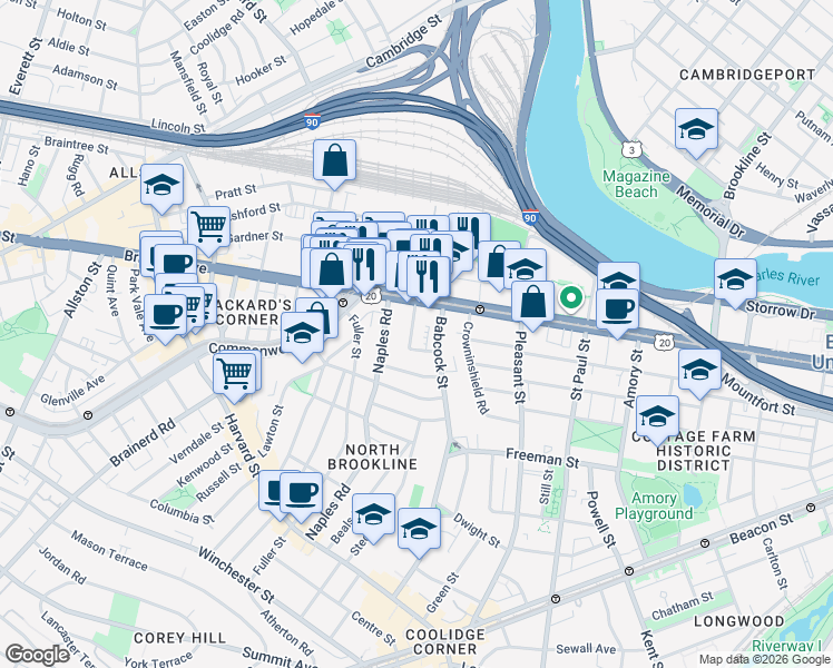 map of restaurants, bars, coffee shops, grocery stores, and more near 20 Winslow Road in Brookline