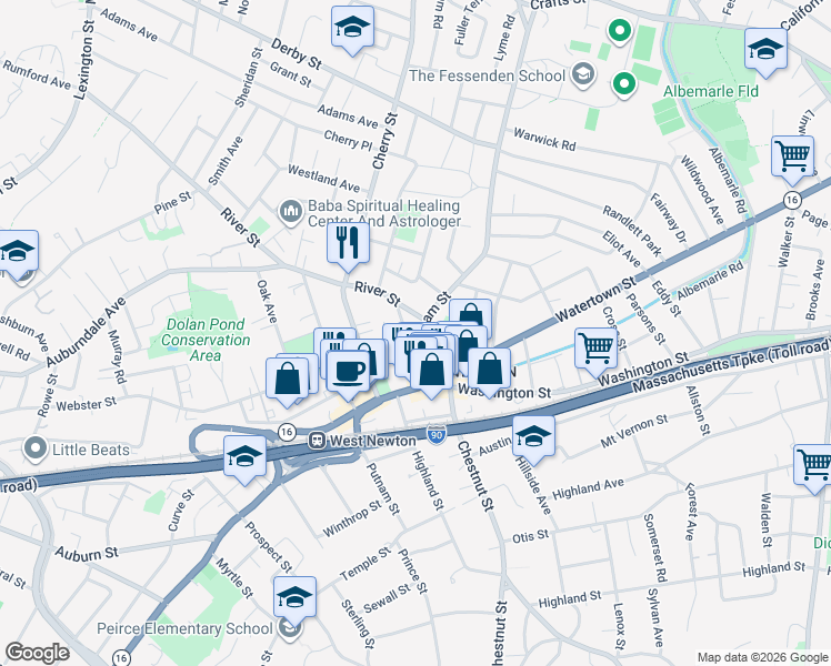 map of restaurants, bars, coffee shops, grocery stores, and more near 491 Waltham Street in Newton