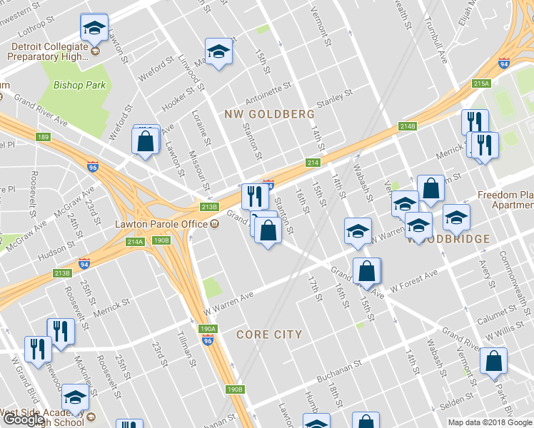 map of restaurants, bars, coffee shops, grocery stores, and more near 5236 Linwood Street in Detroit
