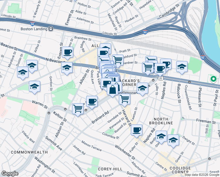 map of restaurants, bars, coffee shops, grocery stores, and more near 183c Harvard Avenue in Boston