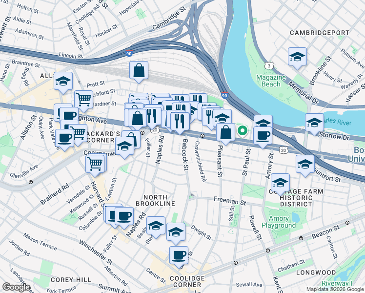 map of restaurants, bars, coffee shops, grocery stores, and more near 973 U.S. 20 in Boston