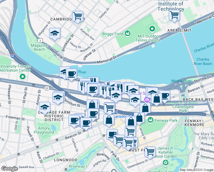 map of restaurants, bars, coffee shops, grocery stores, and more near 225 Bay State Road in Boston