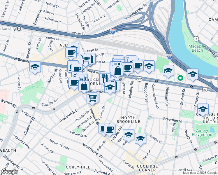 map of restaurants, bars, coffee shops, grocery stores, and more near 1131 Commonwealth Avenue in Boston