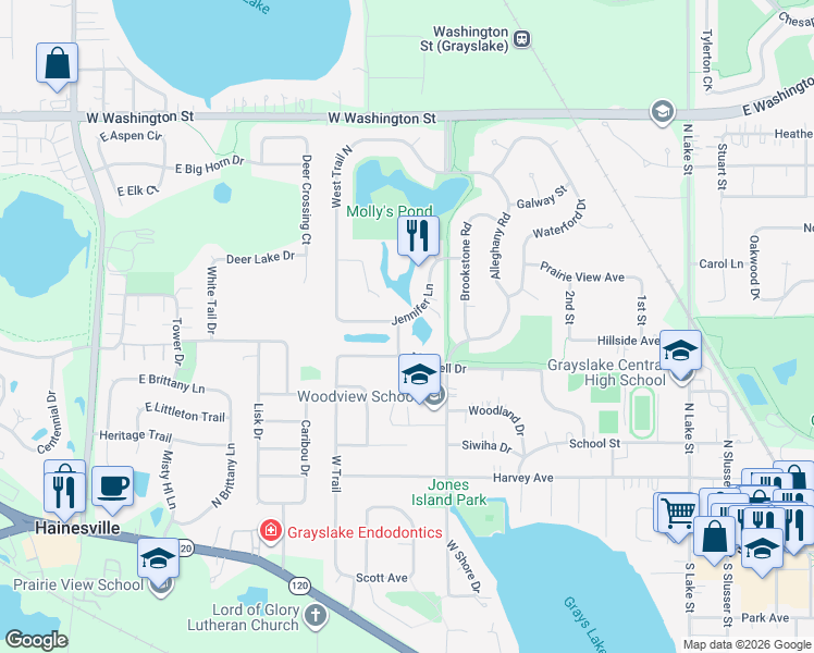 map of restaurants, bars, coffee shops, grocery stores, and more near 475 Jennifer Lane in Grayslake