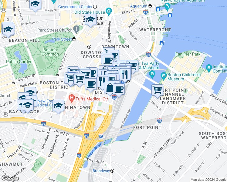 map of restaurants, bars, coffee shops, grocery stores, and more near 711 Atlantic Avenue in Boston