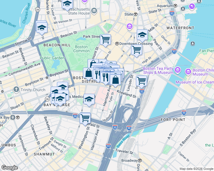 map of restaurants, bars, coffee shops, grocery stores, and more near 8 Kneeland Street in Boston