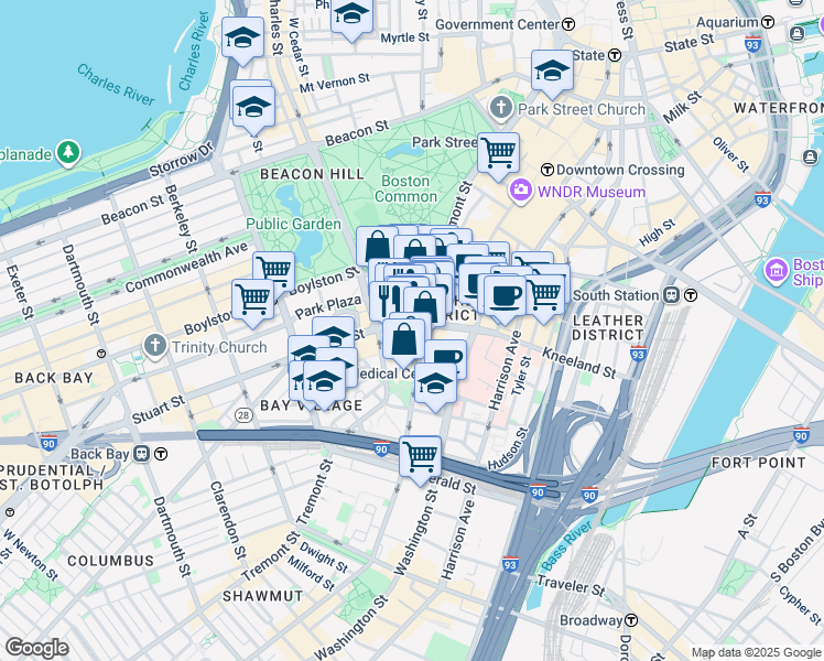 map of restaurants, bars, coffee shops, grocery stores, and more near in Boston