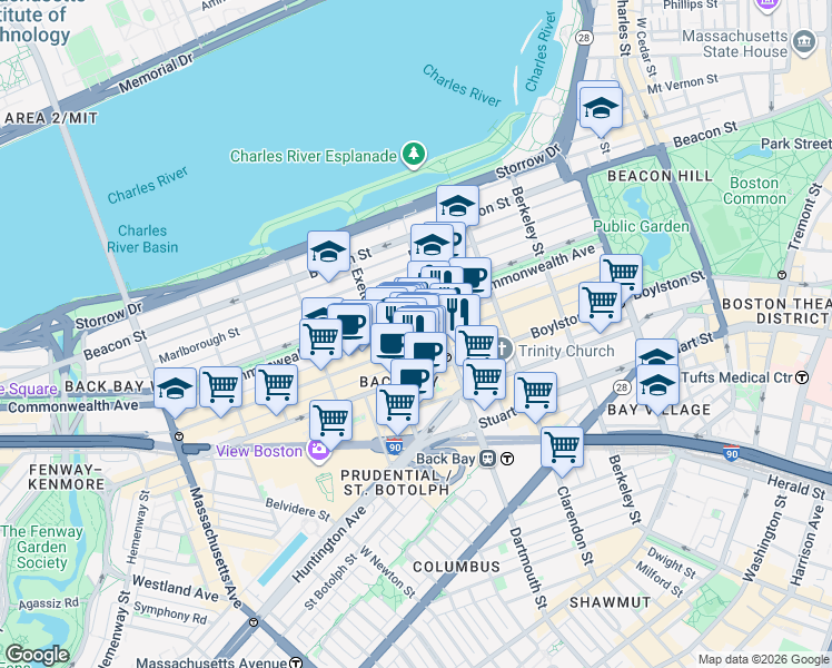 map of restaurants, bars, coffee shops, grocery stores, and more near 176 Newbury Street in Boston