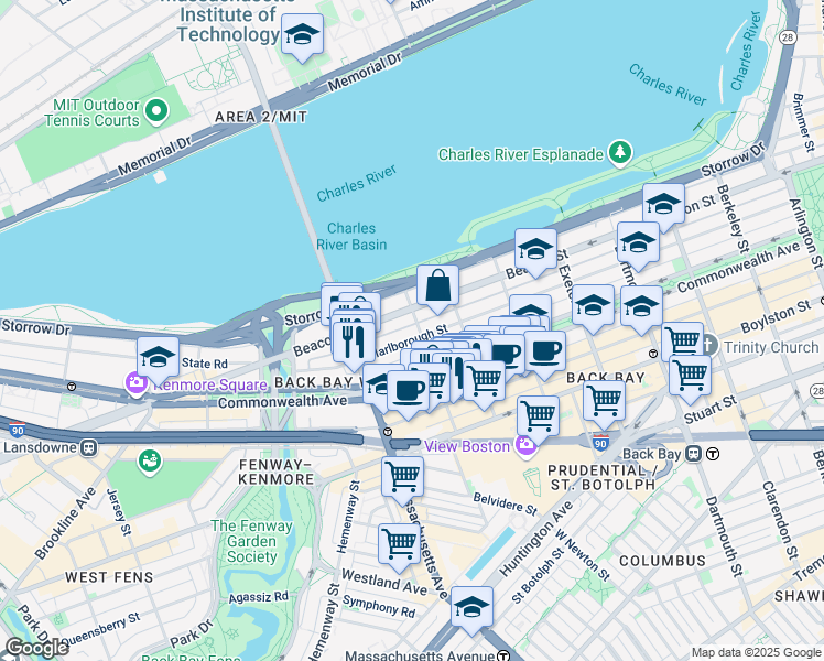 map of restaurants, bars, coffee shops, grocery stores, and more near 18 Hereford Street in Boston
