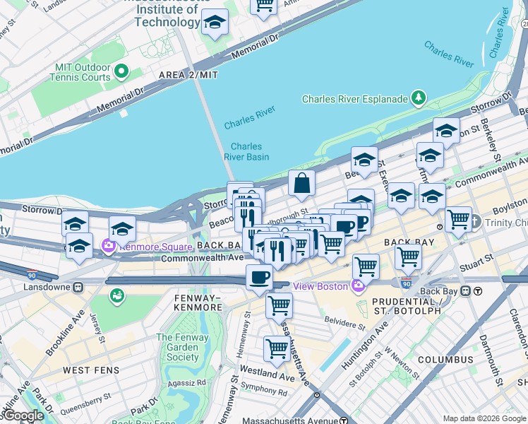map of restaurants, bars, coffee shops, grocery stores, and more near 457 Beacon Street in Boston