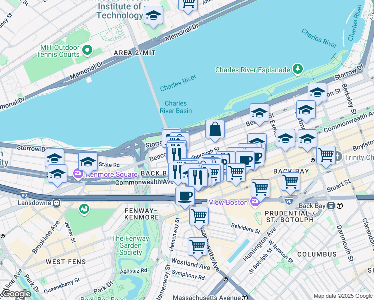 map of restaurants, bars, coffee shops, grocery stores, and more near 457 Beacon Street in Boston