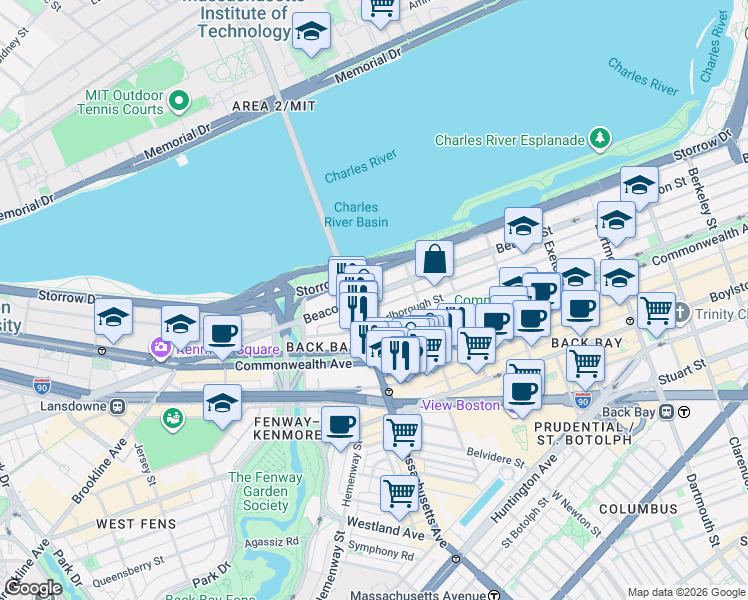 map of restaurants, bars, coffee shops, grocery stores, and more near 457 Beacon Street in Boston