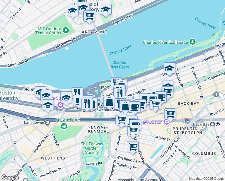 map of restaurants, bars, coffee shops, grocery stores, and more near in Boston