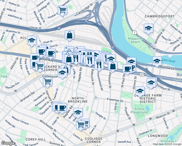 map of restaurants, bars, coffee shops, grocery stores, and more near 973 U.S. 20 in Boston