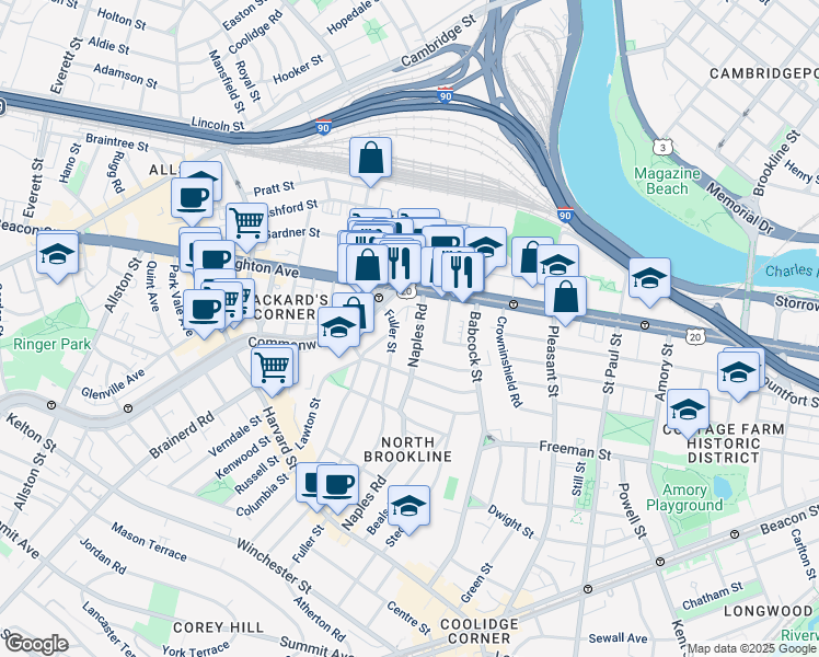 map of restaurants, bars, coffee shops, grocery stores, and more near 176 Naples Road in Brookline