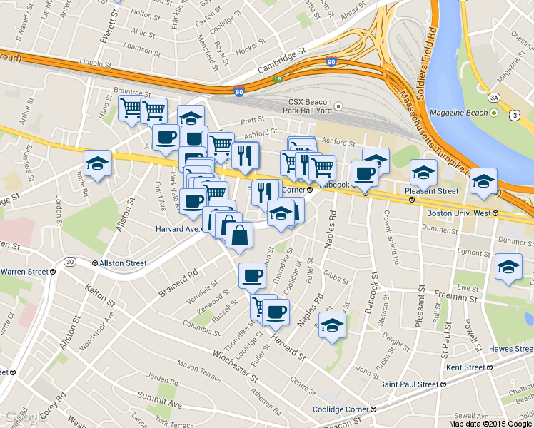 map of restaurants, bars, coffee shops, grocery stores, and more near 1131 Commonwealth Avenue in Boston