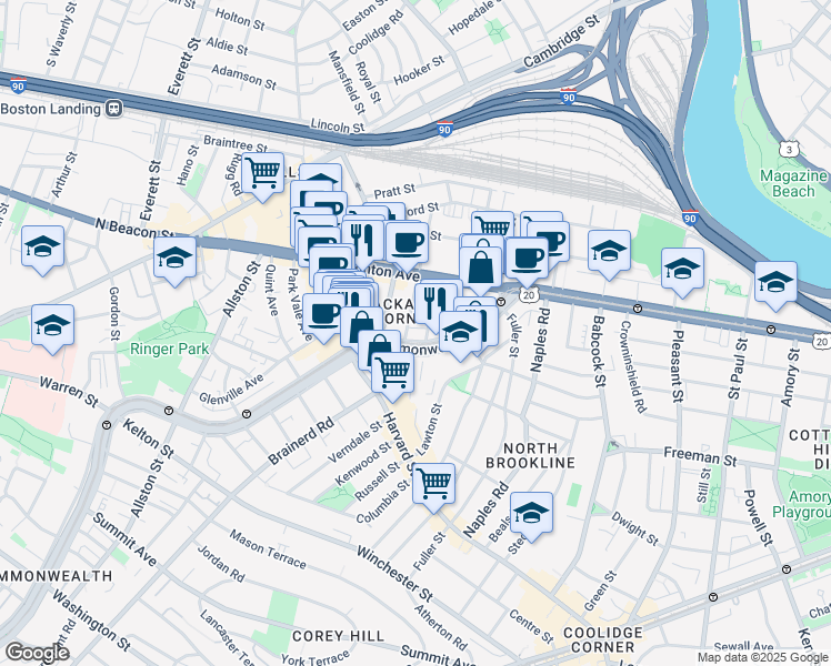 map of restaurants, bars, coffee shops, grocery stores, and more near 11 Chester Street in Boston