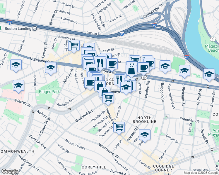 map of restaurants, bars, coffee shops, grocery stores, and more near 11 Chester Street in Boston