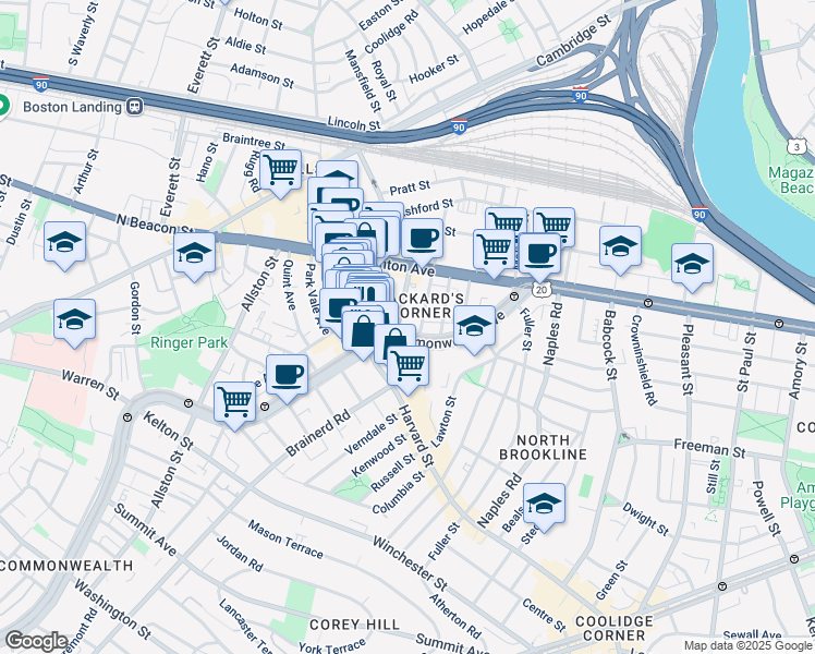 map of restaurants, bars, coffee shops, grocery stores, and more near 1197 Commonwealth Avenue in Boston