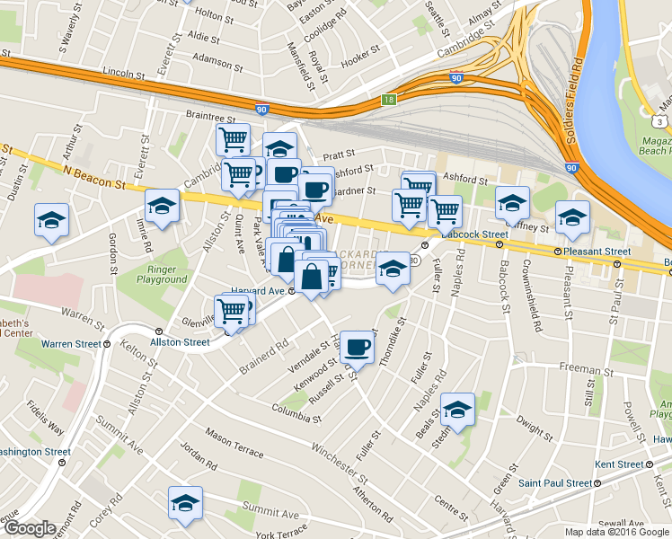 map of restaurants, bars, coffee shops, grocery stores, and more near 1197 Commonwealth Avenue in Boston