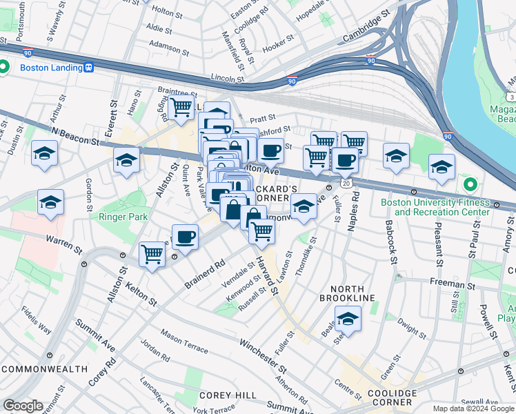 map of restaurants, bars, coffee shops, grocery stores, and more near 1197 Commonwealth Avenue in Boston