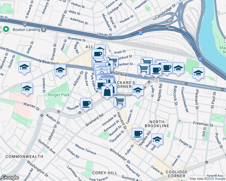 map of restaurants, bars, coffee shops, grocery stores, and more near 1197 Commonwealth Avenue in Boston