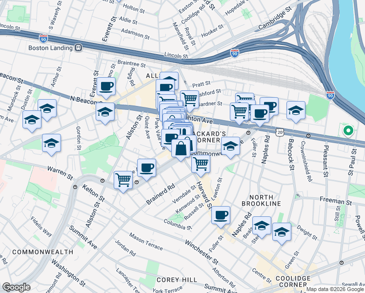 map of restaurants, bars, coffee shops, grocery stores, and more near 1245 Commonwealth Avenue in Boston
