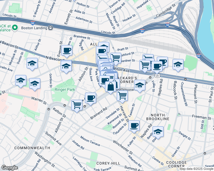 map of restaurants, bars, coffee shops, grocery stores, and more near 183c Harvard Avenue in Boston