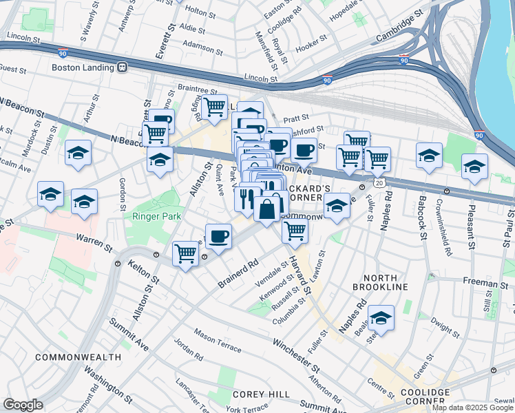 map of restaurants, bars, coffee shops, grocery stores, and more near 1245 Commonwealth Avenue in Boston