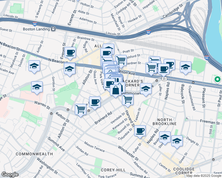 map of restaurants, bars, coffee shops, grocery stores, and more near 1245 Commonwealth Avenue in Boston