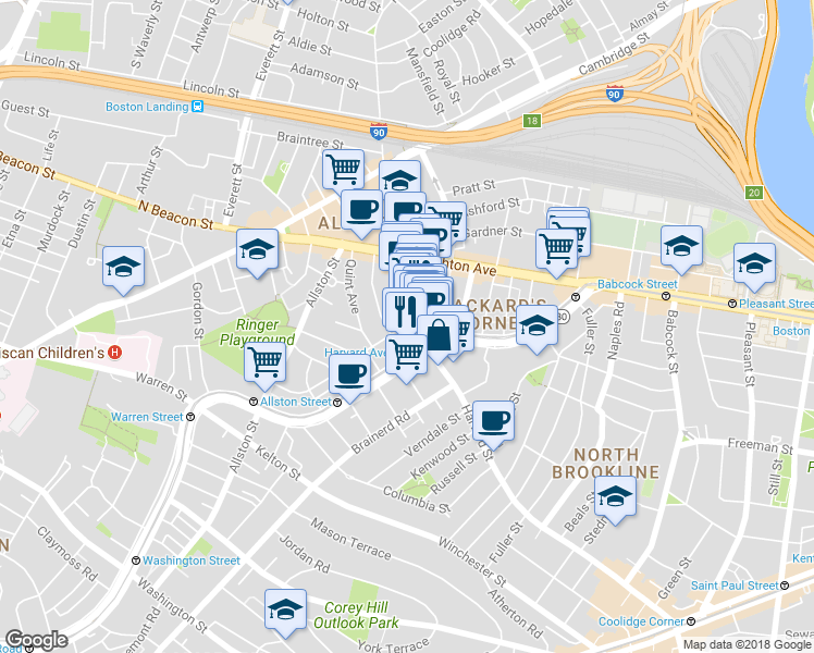 map of restaurants, bars, coffee shops, grocery stores, and more near 183c Harvard Avenue in Boston