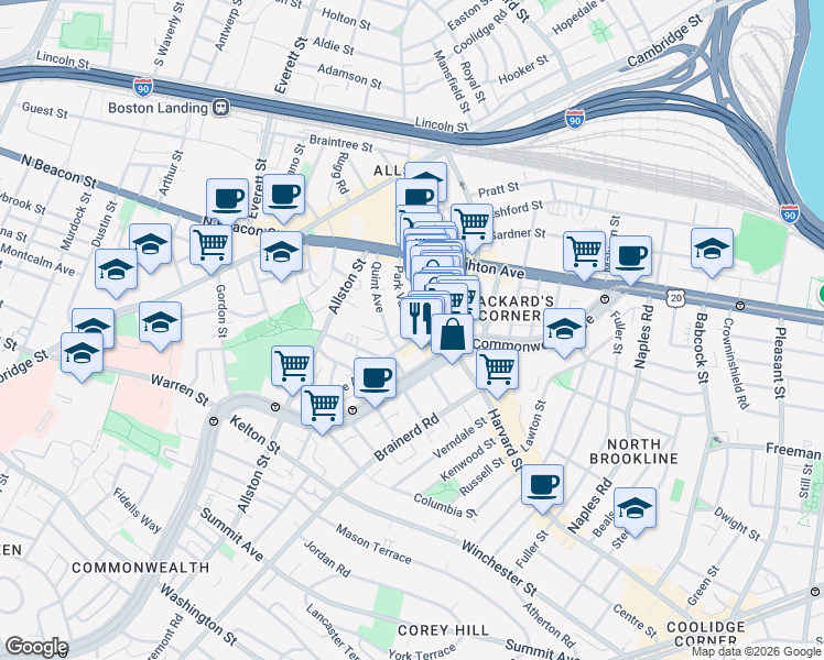 map of restaurants, bars, coffee shops, grocery stores, and more near 10-14 Park Vale Avenue in Boston