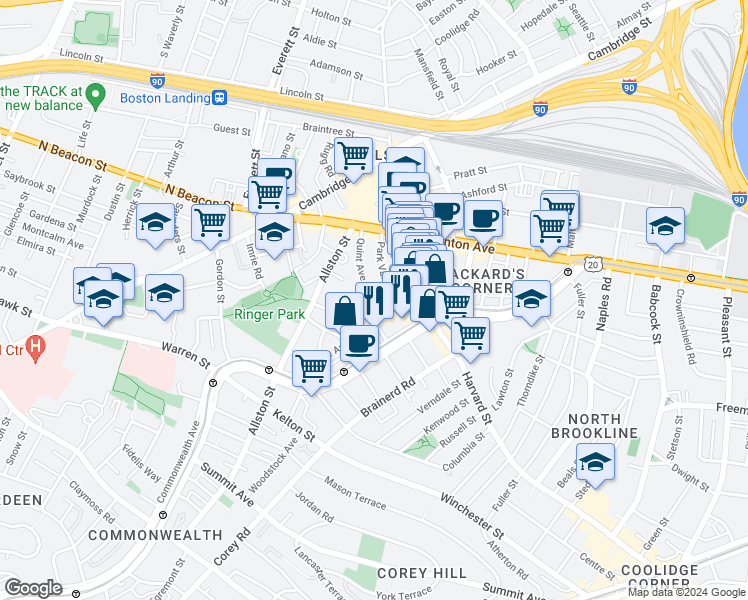 map of restaurants, bars, coffee shops, grocery stores, and more near 10-14 Park Vale Avenue in Boston