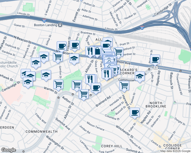map of restaurants, bars, coffee shops, grocery stores, and more near 17 Radcliffe Road in Boston