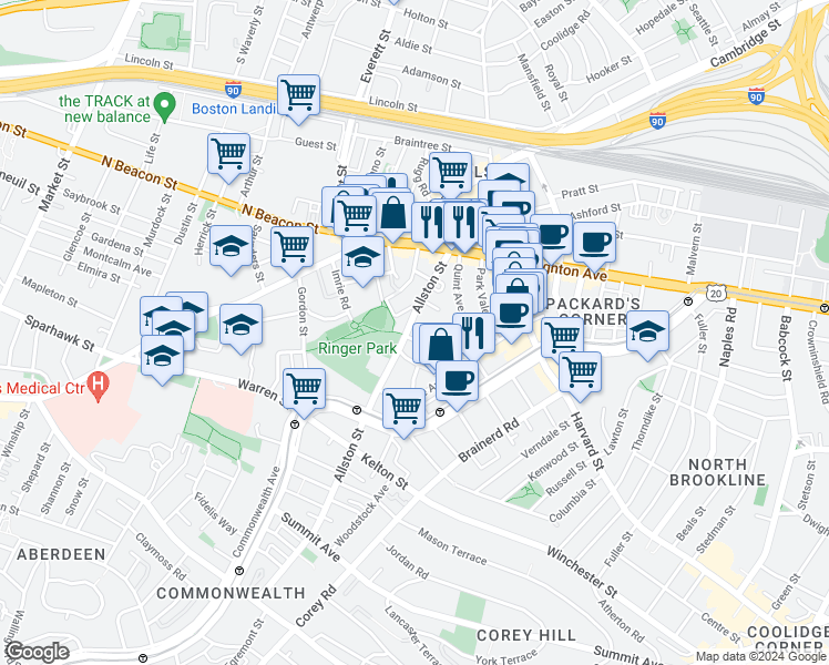 map of restaurants, bars, coffee shops, grocery stores, and more near 68 Allston Street in Boston