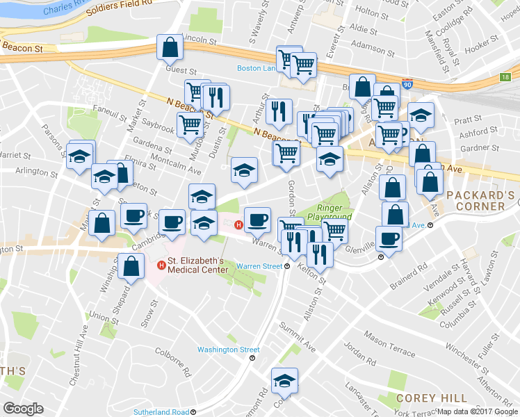 map of restaurants, bars, coffee shops, grocery stores, and more near 40B Ridgemont Street in Boston