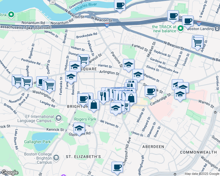 map of restaurants, bars, coffee shops, grocery stores, and more near 38-40 Parsons Street in Boston