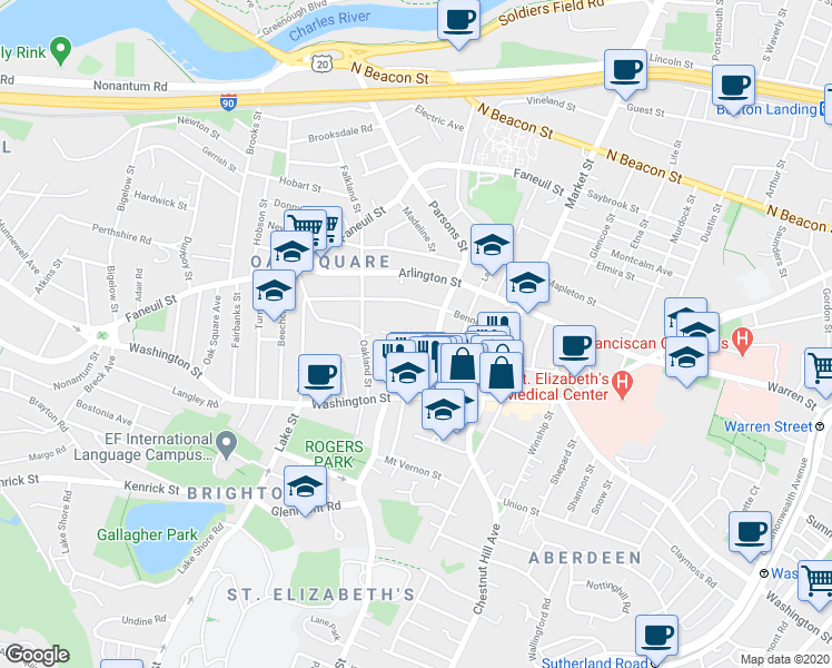 map of restaurants, bars, coffee shops, grocery stores, and more near 38-40 Parsons Street in Boston