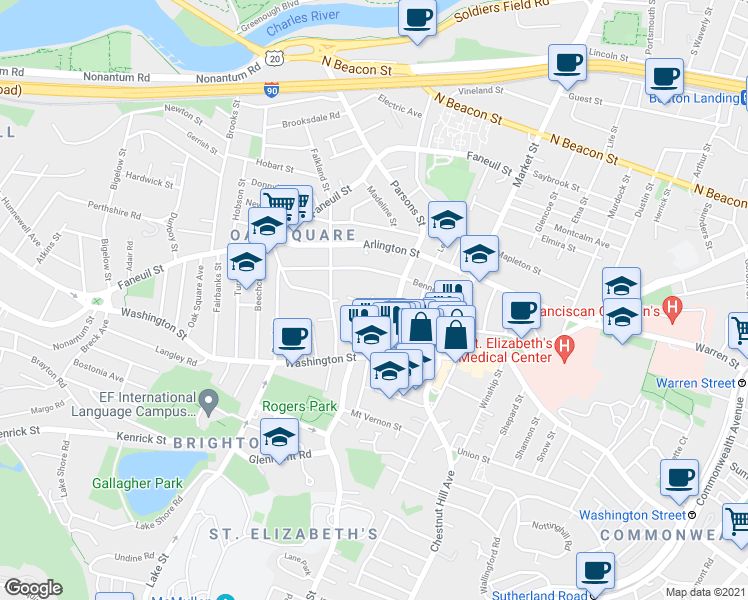 map of restaurants, bars, coffee shops, grocery stores, and more near 38-40 Parsons Street in Boston