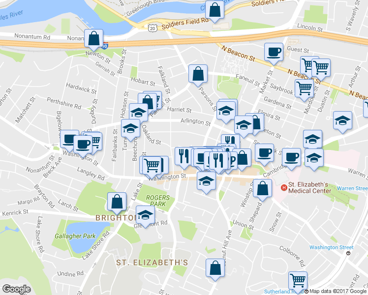 map of restaurants, bars, coffee shops, grocery stores, and more near 85 Surrey Street in Boston