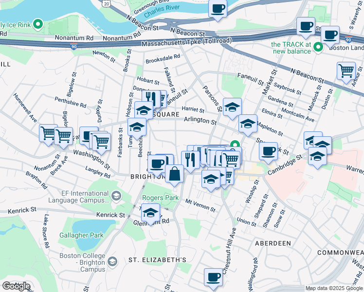 map of restaurants, bars, coffee shops, grocery stores, and more near 87 Surrey Street in Boston