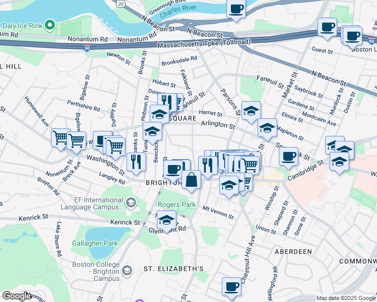 map of restaurants, bars, coffee shops, grocery stores, and more near 56 Oakland Street in Boston