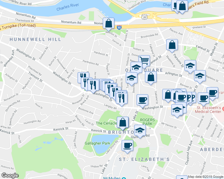 map of restaurants, bars, coffee shops, grocery stores, and more near 25-27 Montfern Avenue in Boston