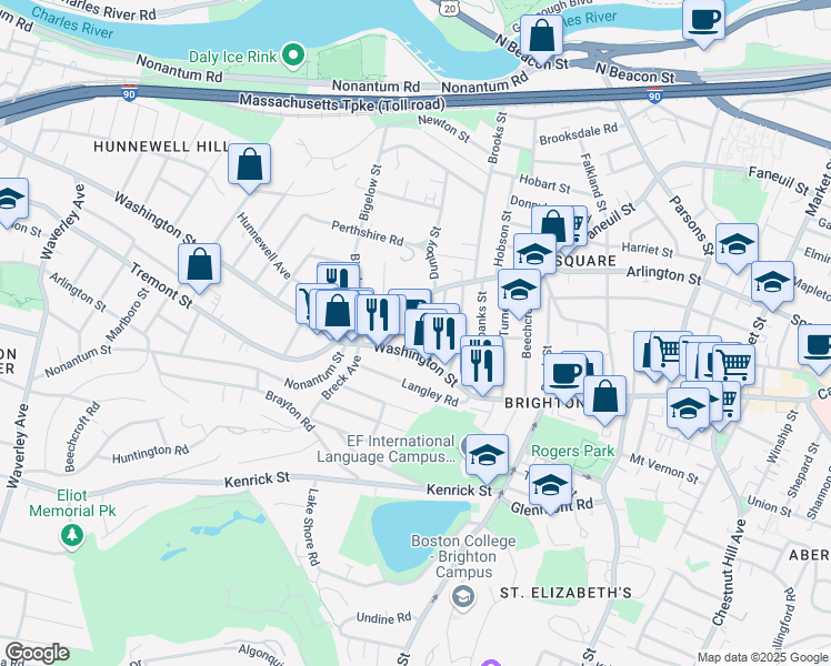 map of restaurants, bars, coffee shops, grocery stores, and more near 14 Brackett Street in Boston