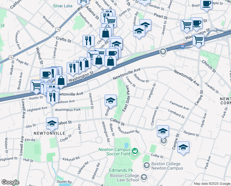 map of restaurants, bars, coffee shops, grocery stores, and more near 280 Newtonville Avenue in Newton