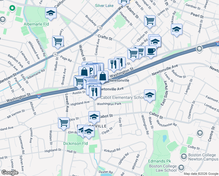 map of restaurants, bars, coffee shops, grocery stores, and more near 425 Newtonville Avenue in Newton